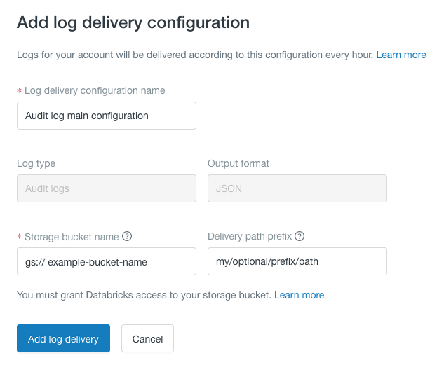 Log delivery config