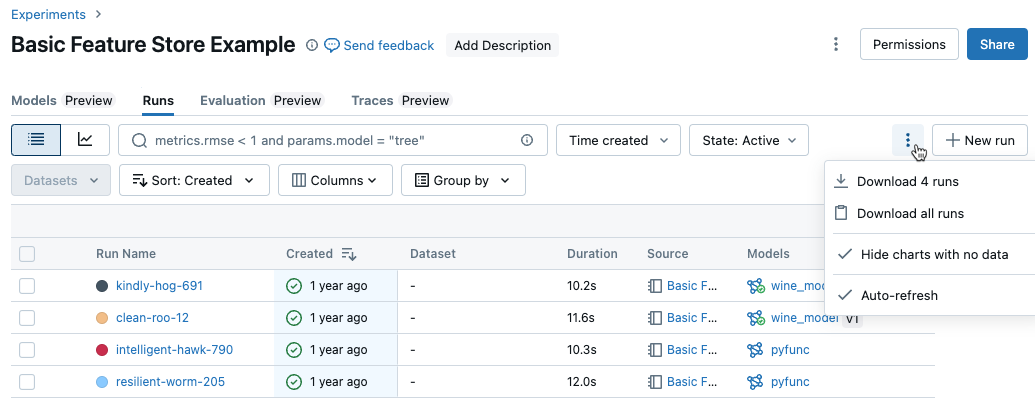 Kebab menu with download options on Experiments page.