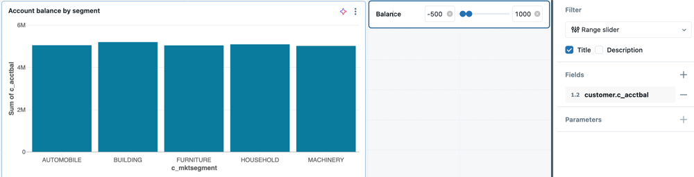 A bar chart showing customer account balances by marketing segment with a range slider filter that controls the range of values in the chart. 