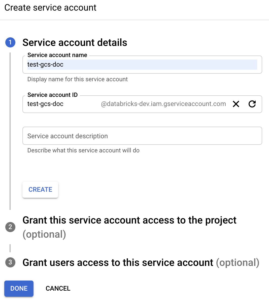Google Create service account for GCS