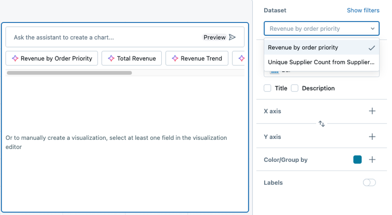 A blank visualization widget and the visualization configuration panel.