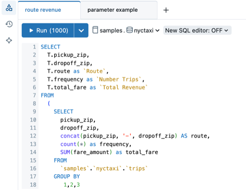 新しいクエリ エディターをオフにした SQL エディターを示すスクリーンショット