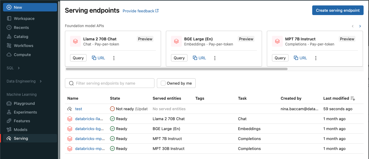 Databricks UI のモデル提供ペイン