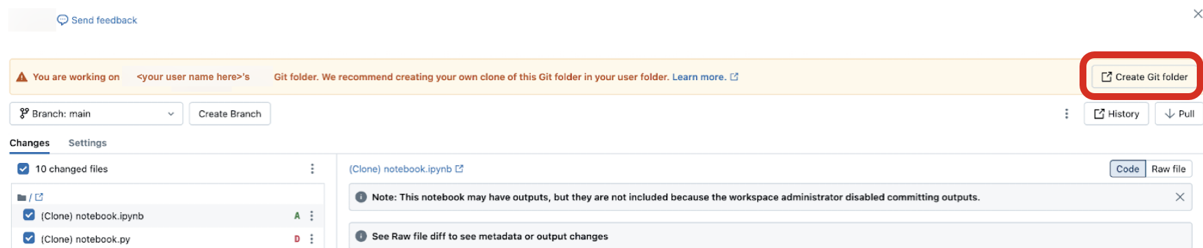 Clique no botão **Copy link to Git folder** no banner para compartilhar a configuração Git repo da pasta com outro usuário em sua organização Databricks