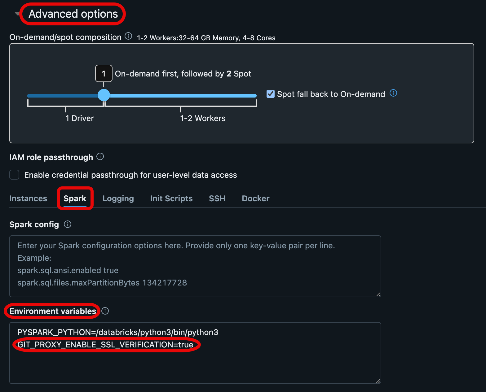 A página de configuração Databricks compute onde o senhor define as variáveis de ambiente para um proxy Git