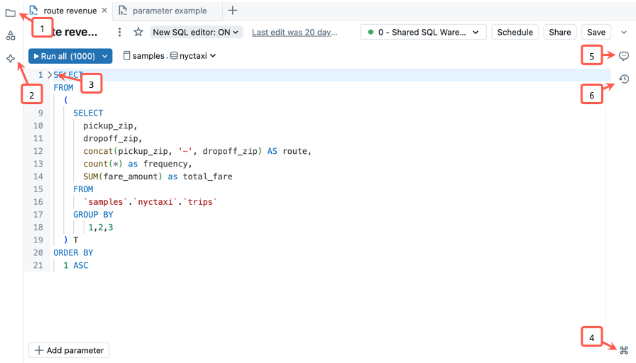 Captura de tela mostrando o editor SQL com chamadas de rótulo conforme indicado no texto.